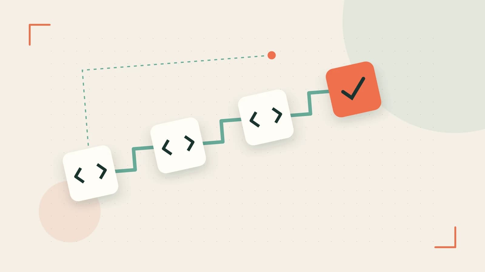 Editorial illustration of a branching build pipeline, staged transformations and a completed check