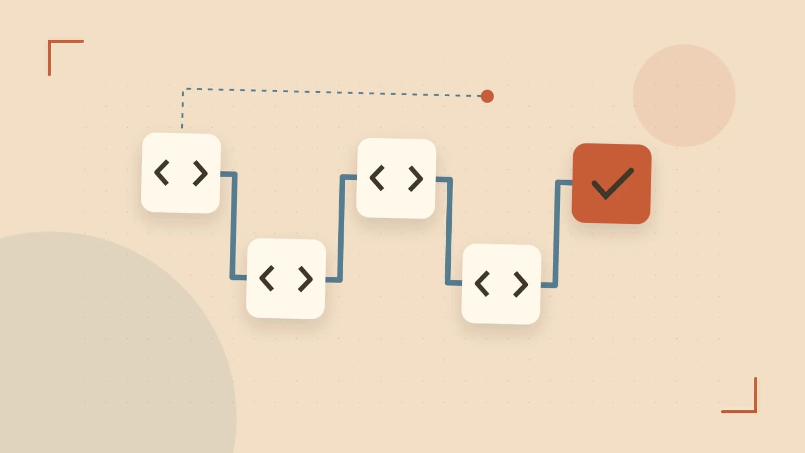 Editorial illustration of a branching build pipeline, staged transformations and a completed check