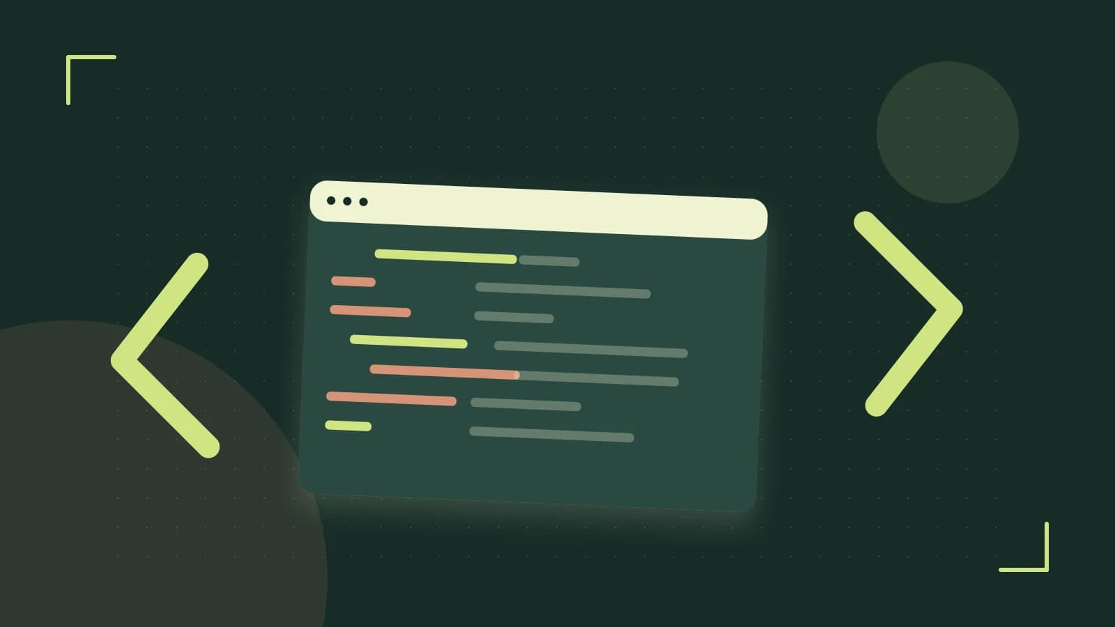 Editorial illustration of an abstract code editor, syntax blocks and oversized programming brackets