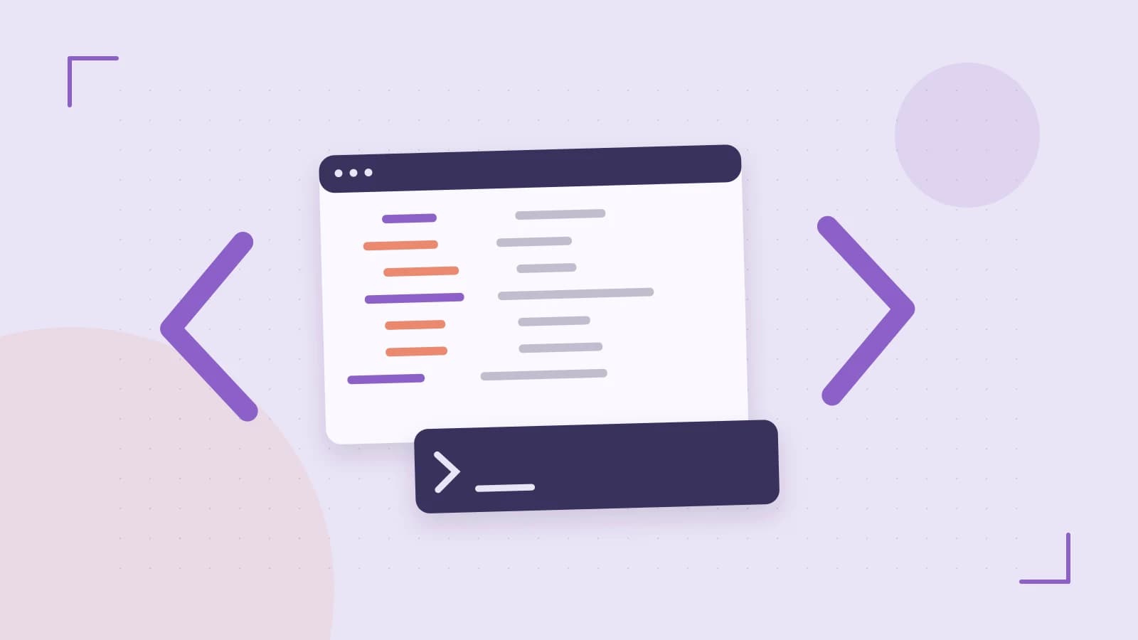 Editorial illustration of an abstract code editor, syntax blocks and oversized programming brackets