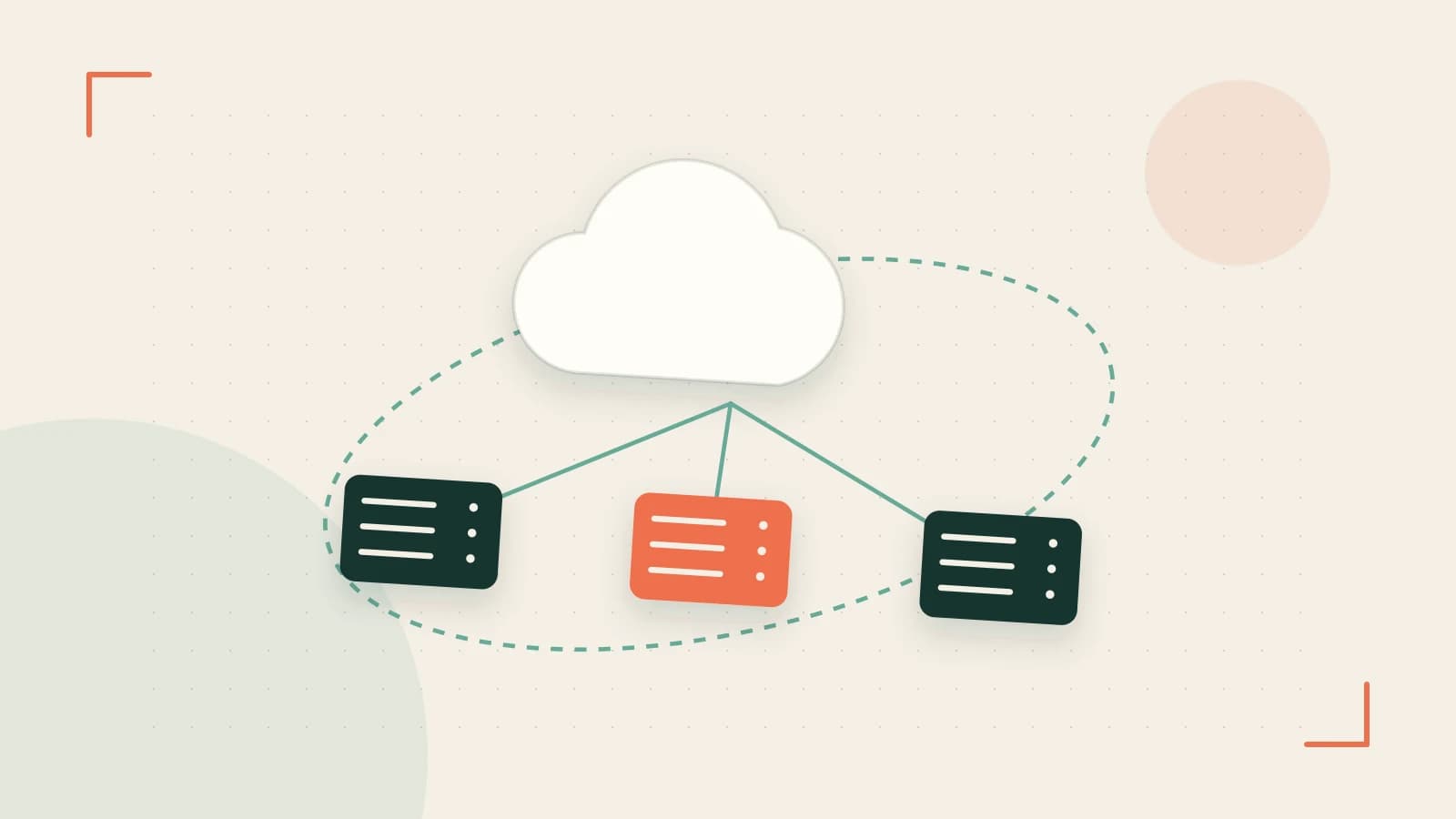 Editorial illustration of cloud infrastructure, connected server racks and an orbital service map