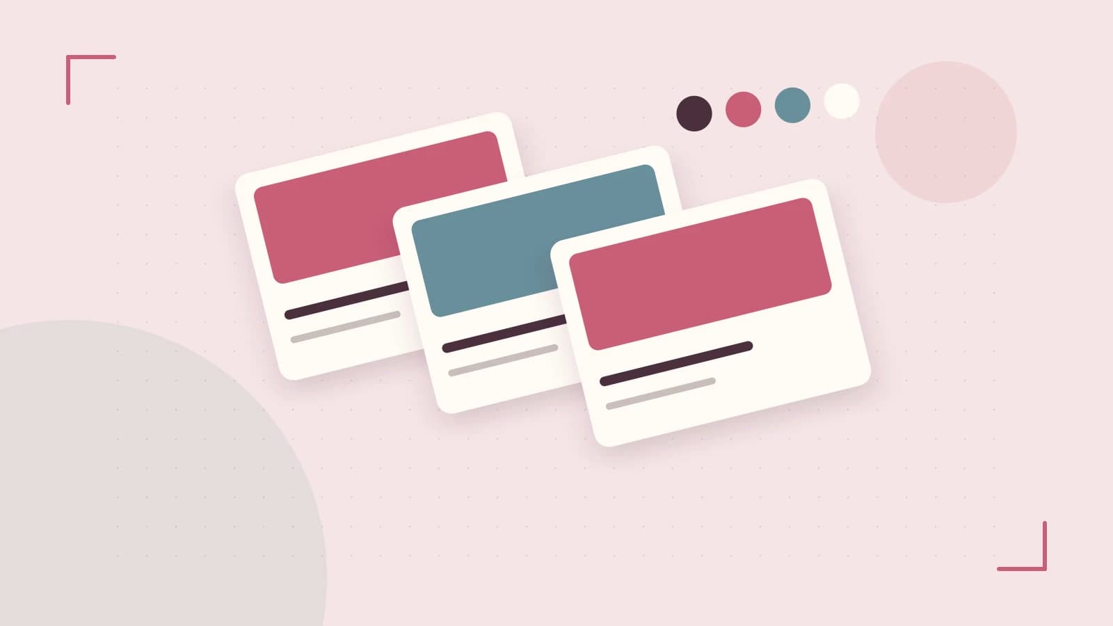 Editorial illustration of responsive browser layouts, overlapping design components and a color system
