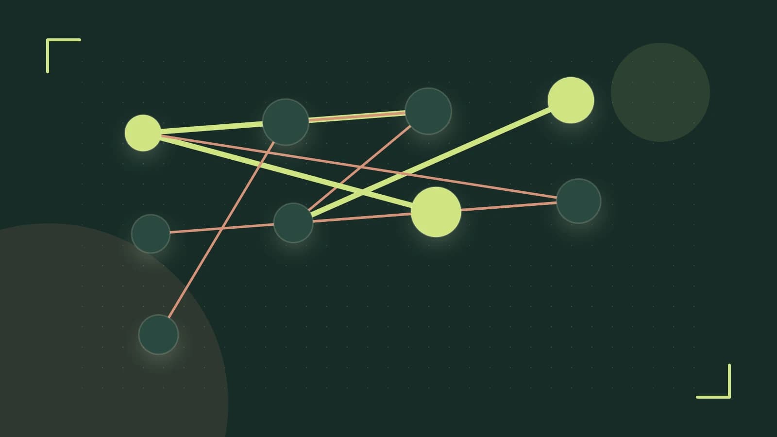 Editorial illustration of an algorithmic node graph with branching paths and a highlighted result
