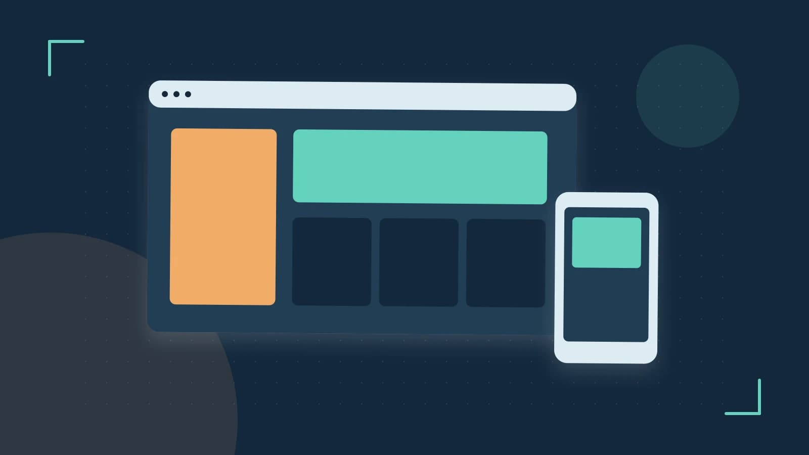 Editorial illustration of responsive browser layouts, overlapping design components and a color system