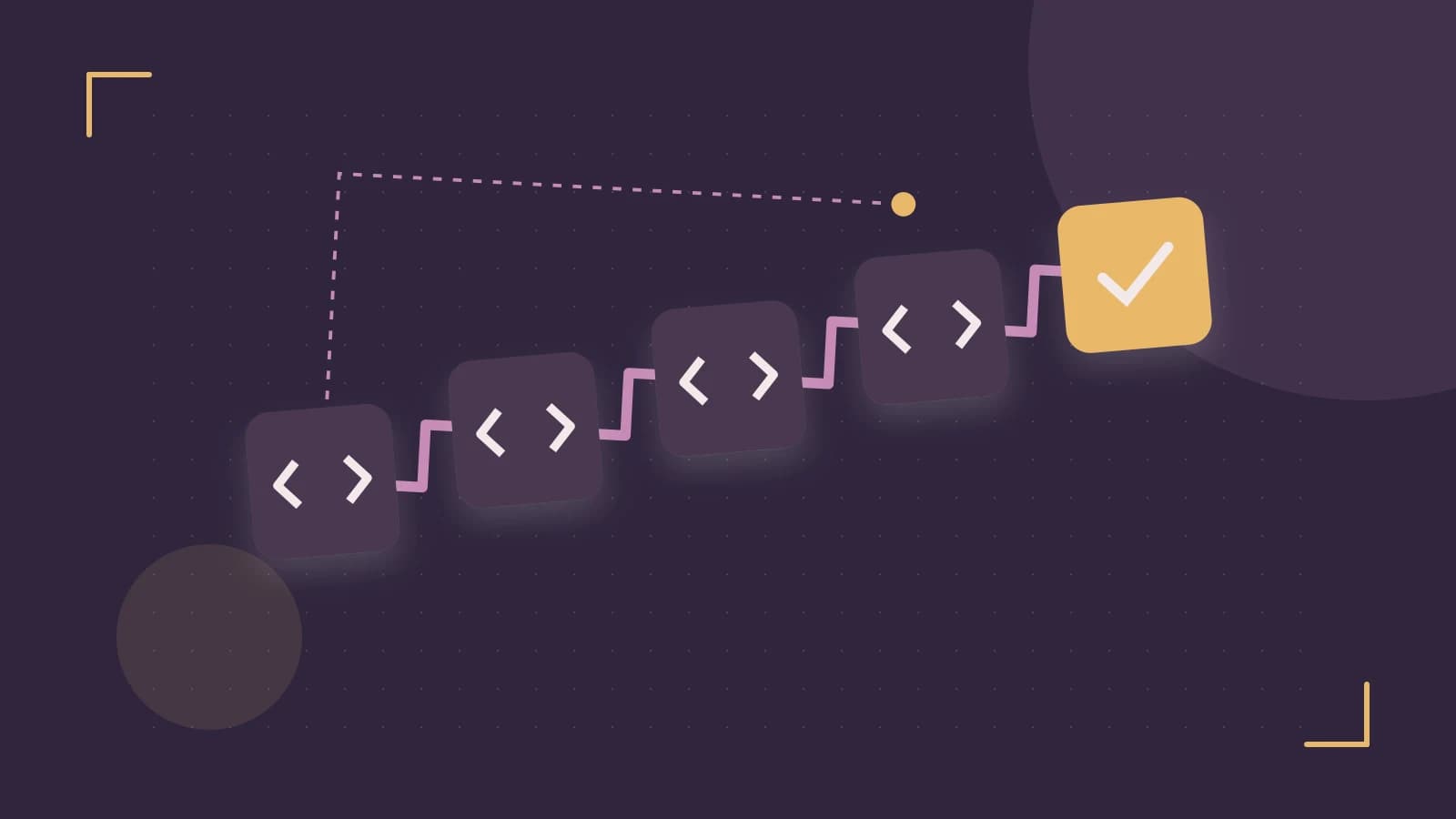 Editorial illustration of a branching build pipeline, staged transformations and a completed check