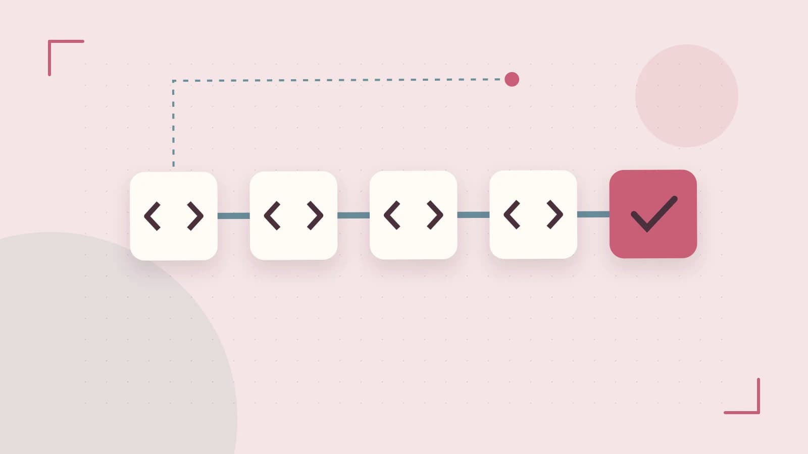 Editorial illustration of a branching build pipeline, staged transformations and a completed check