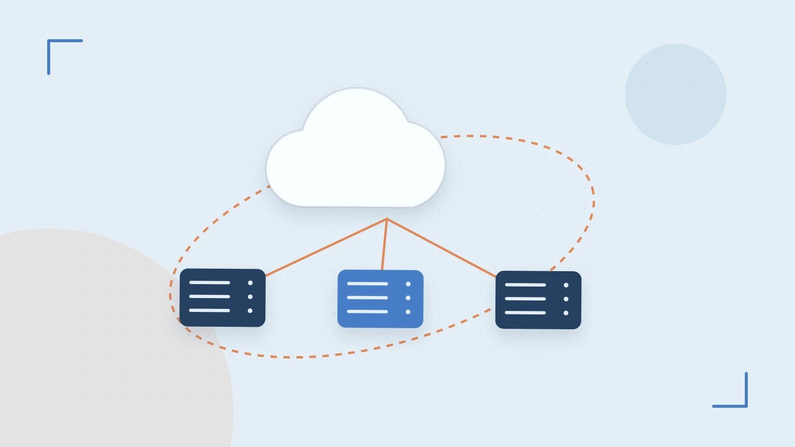 Editorial illustration of cloud infrastructure, connected server racks and an orbital service map
