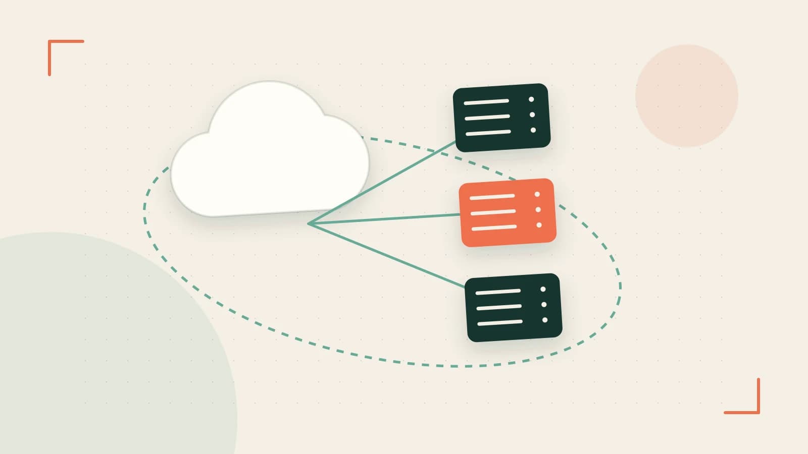 Editorial illustration of cloud infrastructure, connected server racks and an orbital service map