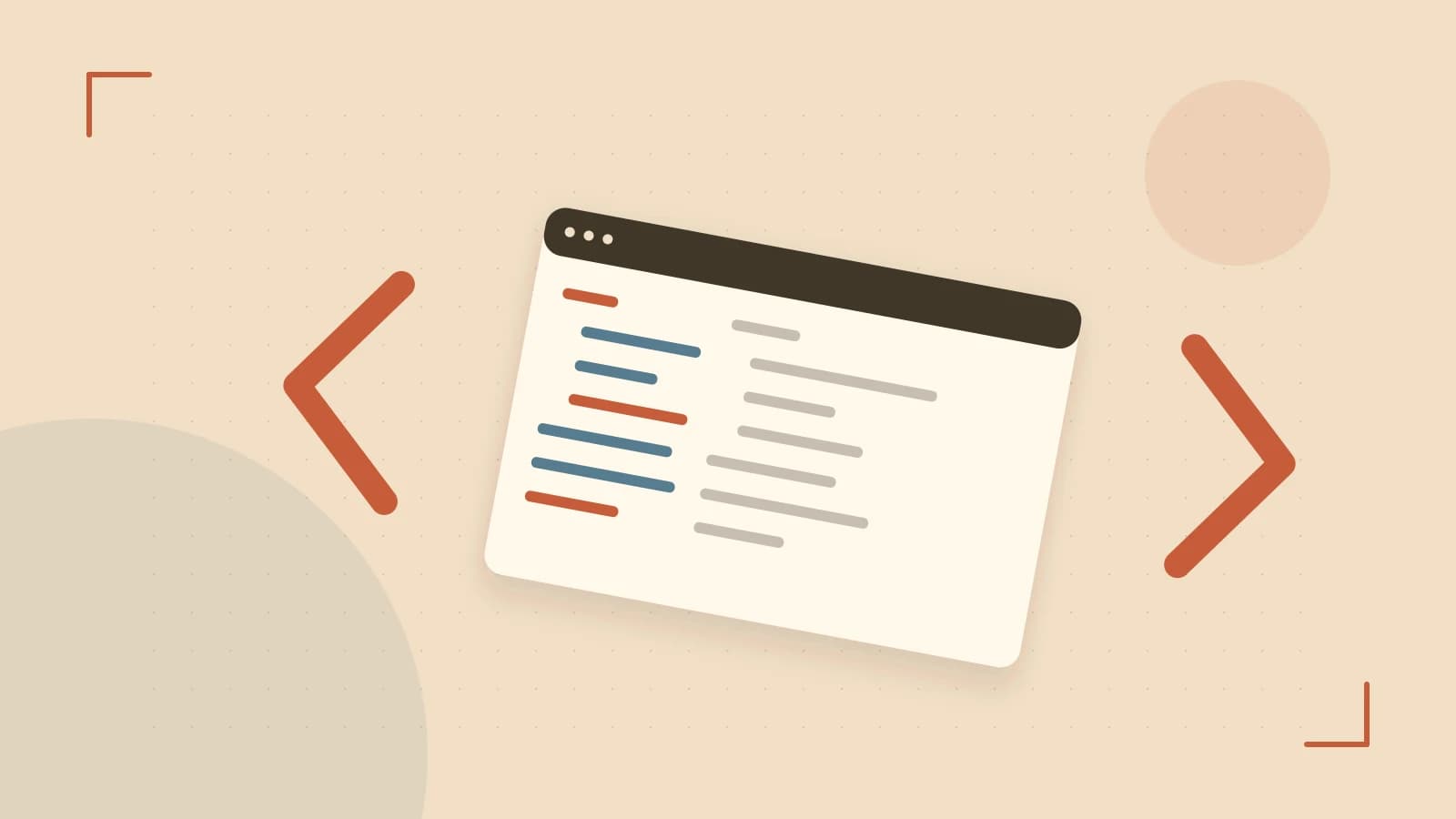 Editorial illustration of an abstract code editor, syntax blocks and oversized programming brackets