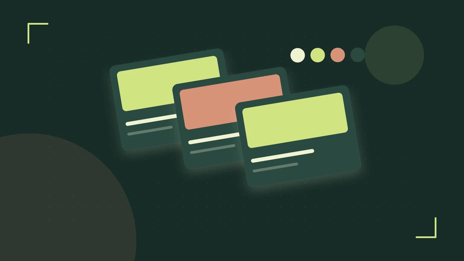 Editorial illustration of responsive browser layouts, overlapping design components and a color system