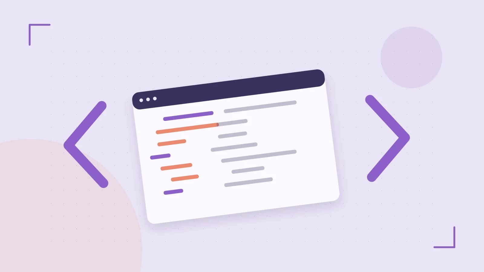 Editorial illustration of an abstract code editor, syntax blocks and oversized programming brackets