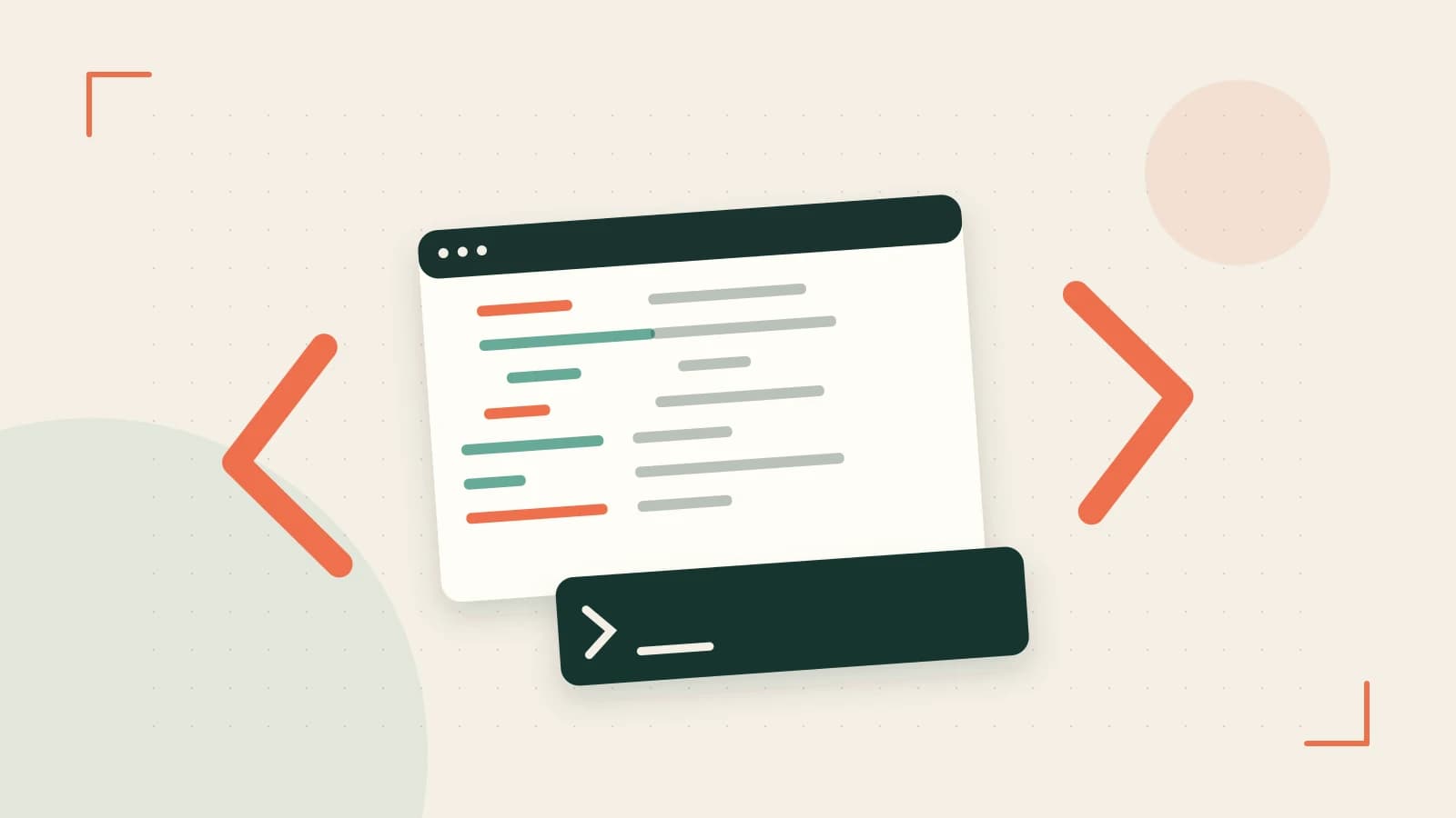 Editorial illustration of an abstract code editor, syntax blocks and oversized programming brackets