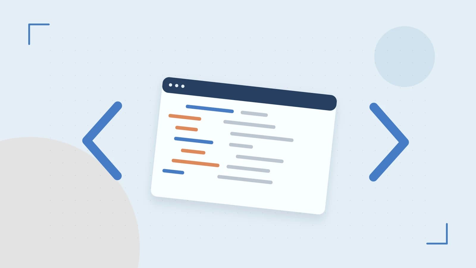 Editorial illustration of an abstract code editor, syntax blocks and oversized programming brackets