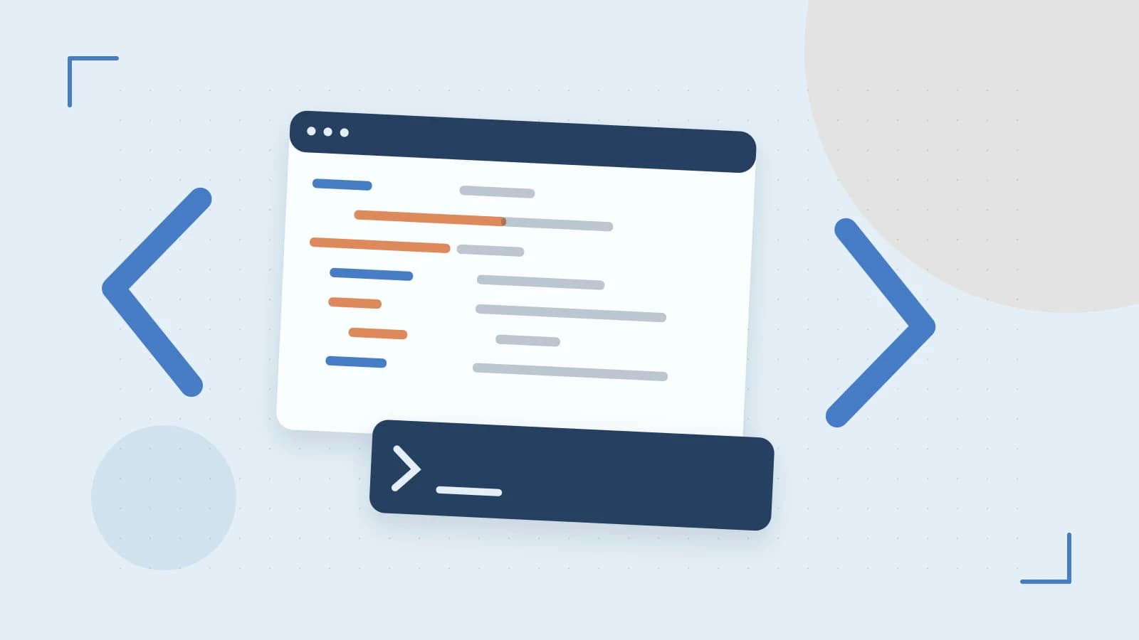 Editorial illustration of an abstract code editor, syntax blocks and oversized programming brackets