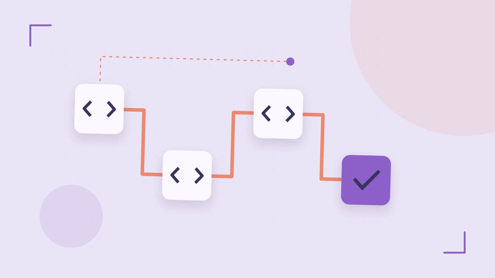 Editorial illustration of a branching build pipeline, staged transformations and a completed check