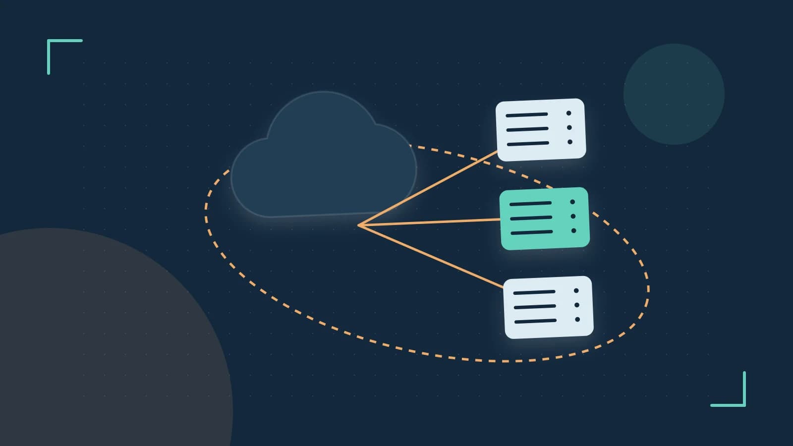 Editorial illustration of cloud infrastructure, connected server racks and an orbital service map