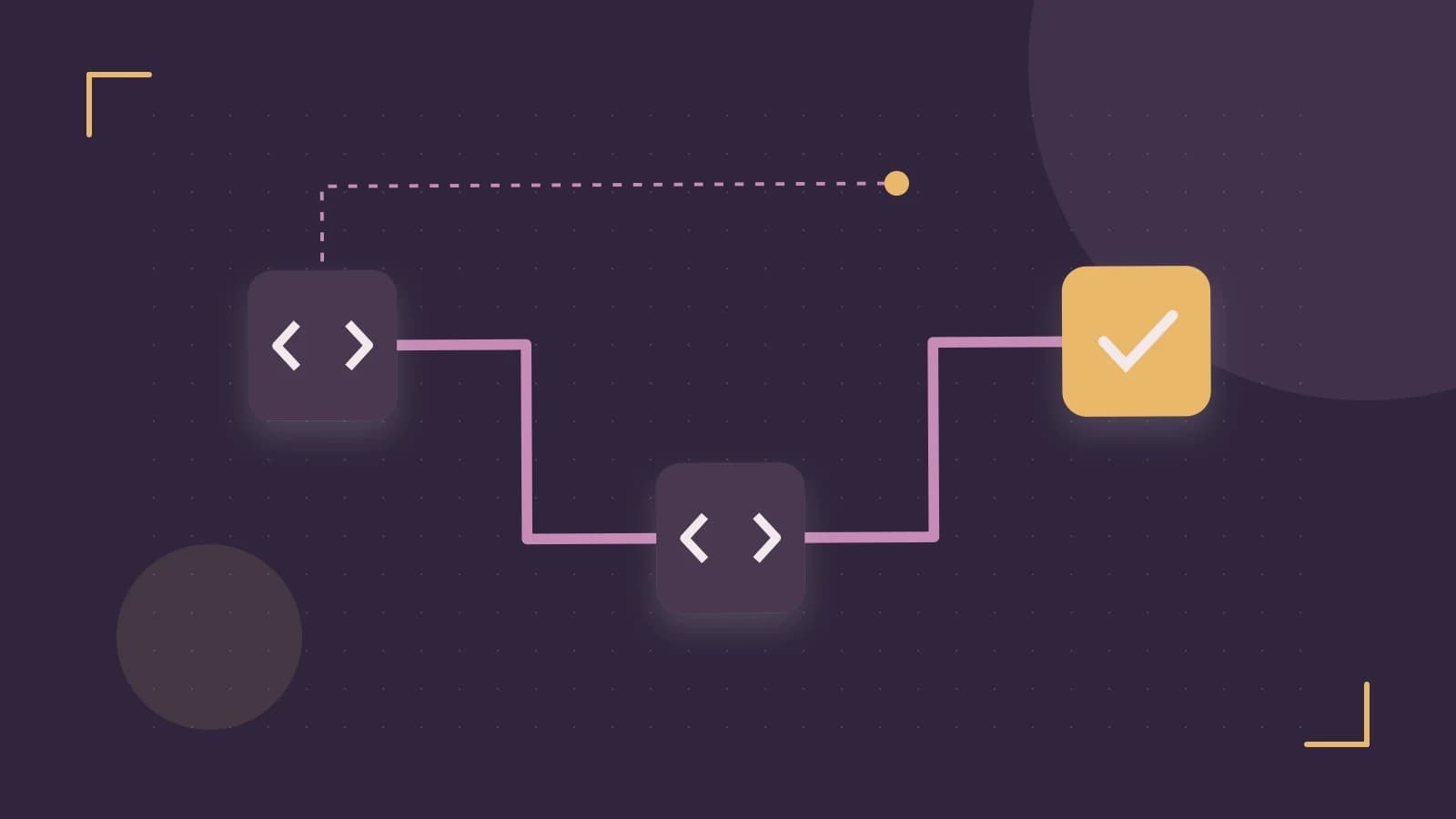 Editorial illustration of a branching build pipeline, staged transformations and a completed check
