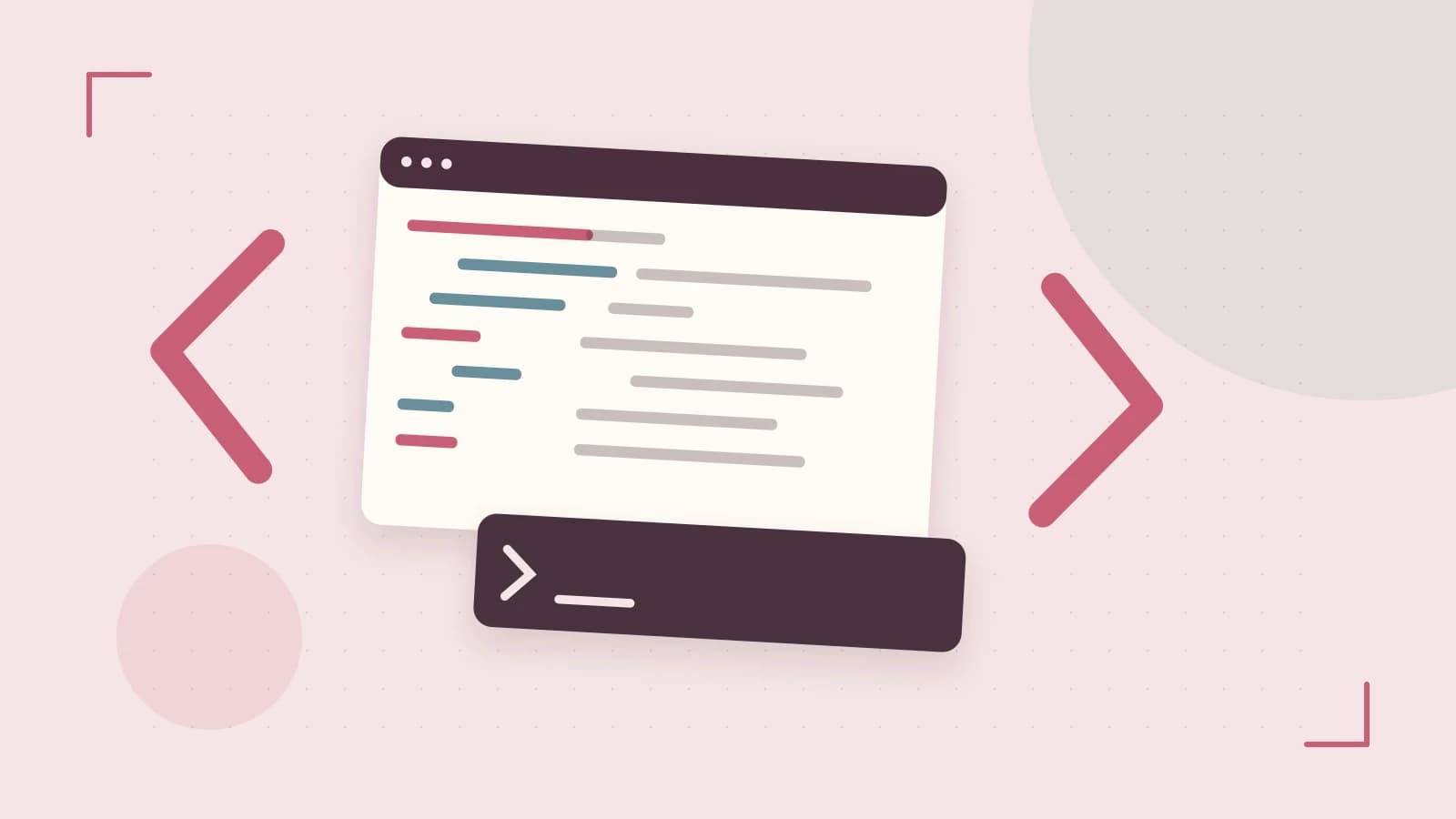 Editorial illustration of an abstract code editor, syntax blocks and oversized programming brackets