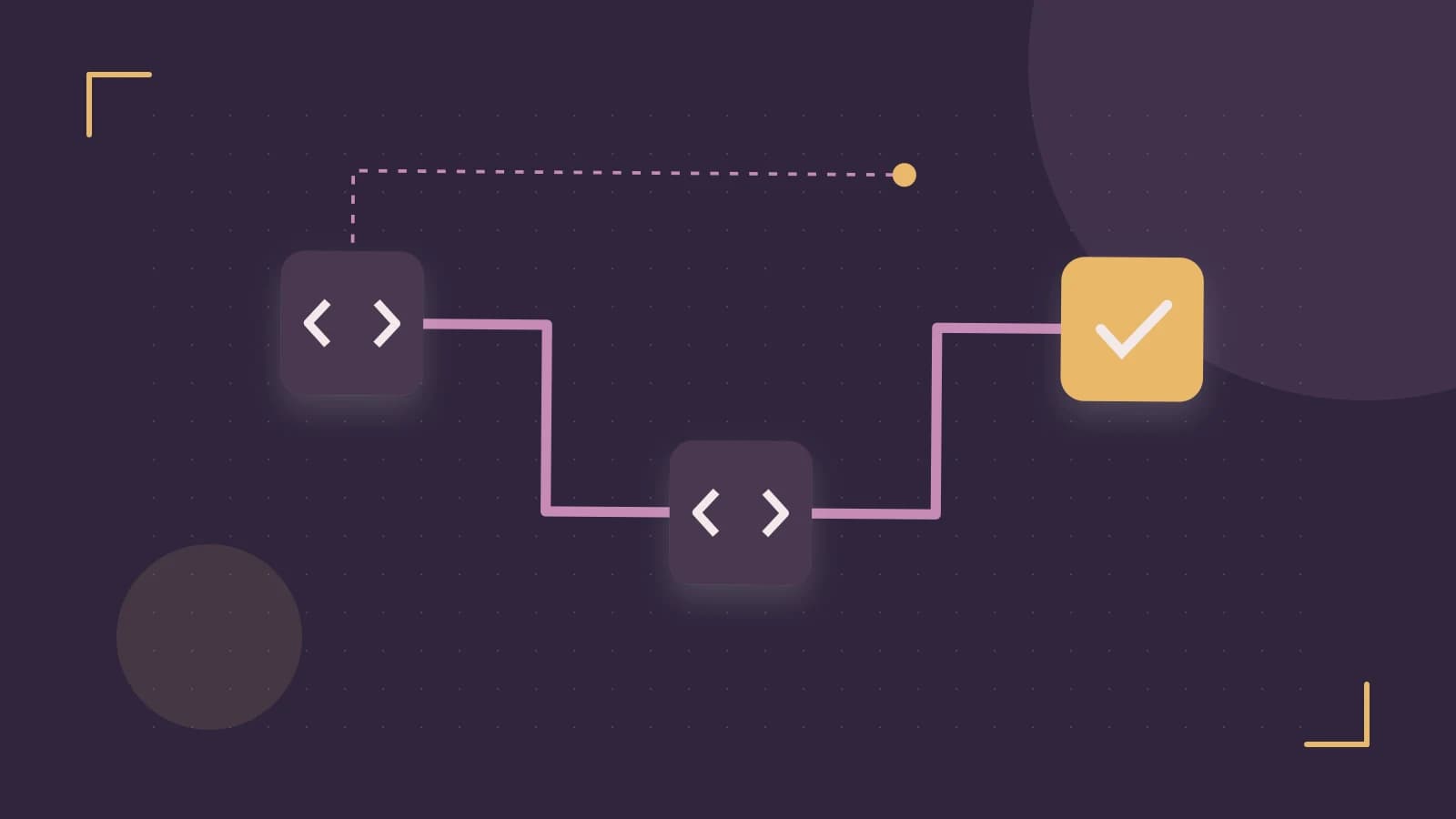 Editorial illustration of a branching build pipeline, staged transformations and a completed check
