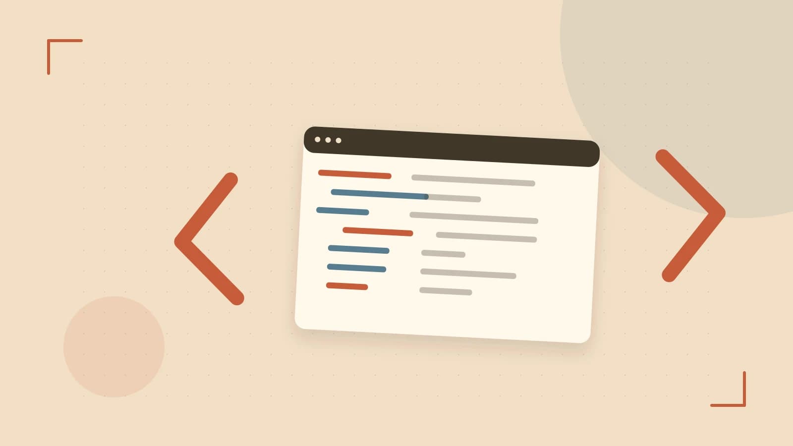 Editorial illustration of an abstract code editor, syntax blocks and oversized programming brackets