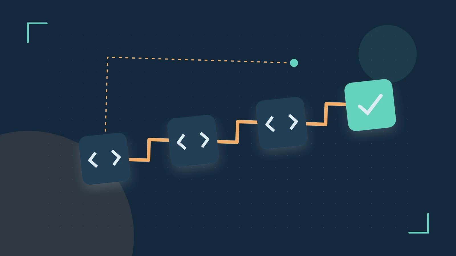 Editorial illustration of a branching build pipeline, staged transformations and a completed check