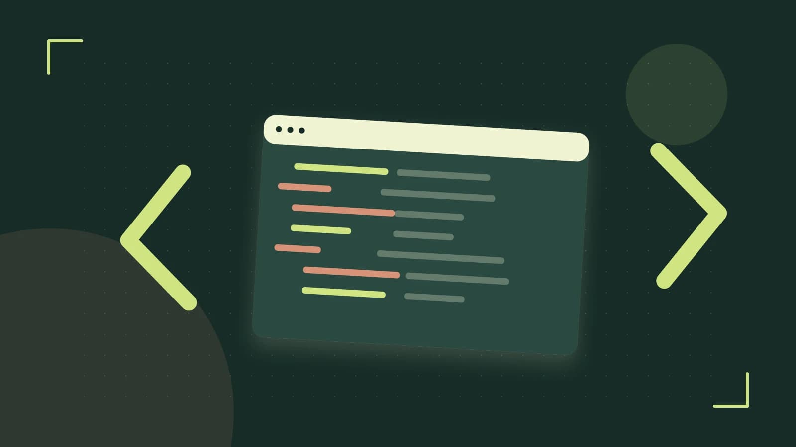 Editorial illustration of an abstract code editor, syntax blocks and oversized programming brackets