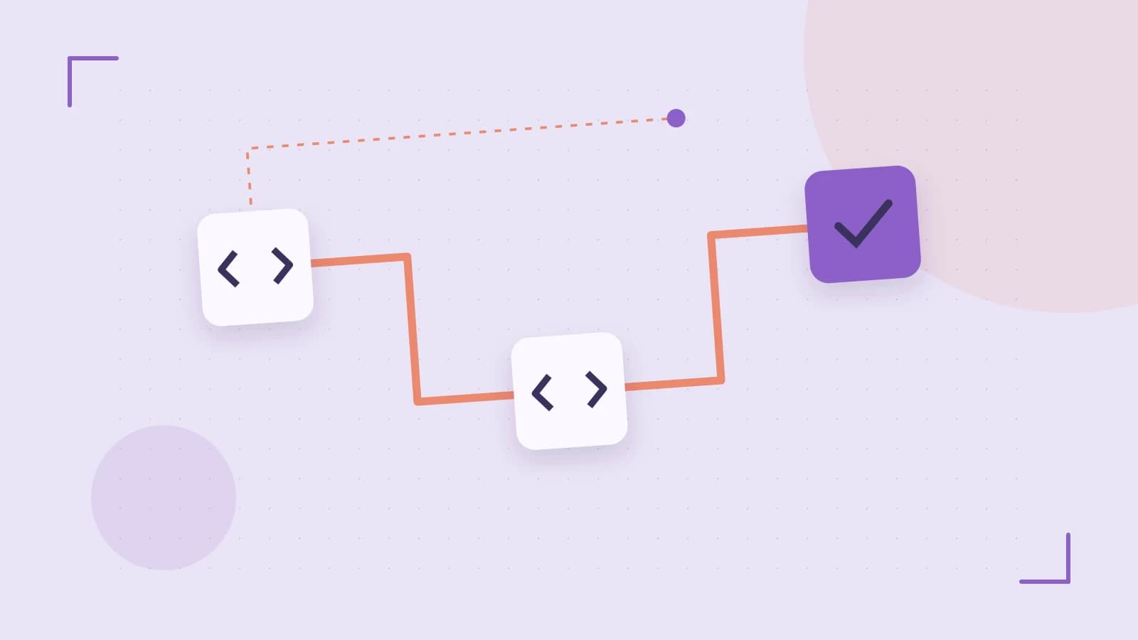 Editorial illustration of a branching build pipeline, staged transformations and a completed check