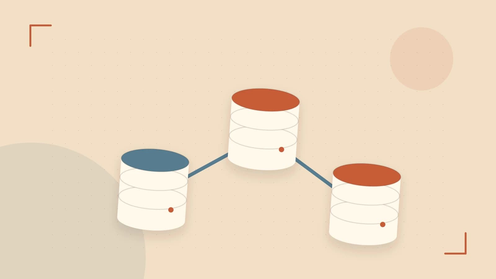 Editorial illustration of structured records, database cylinders and relationships between tables