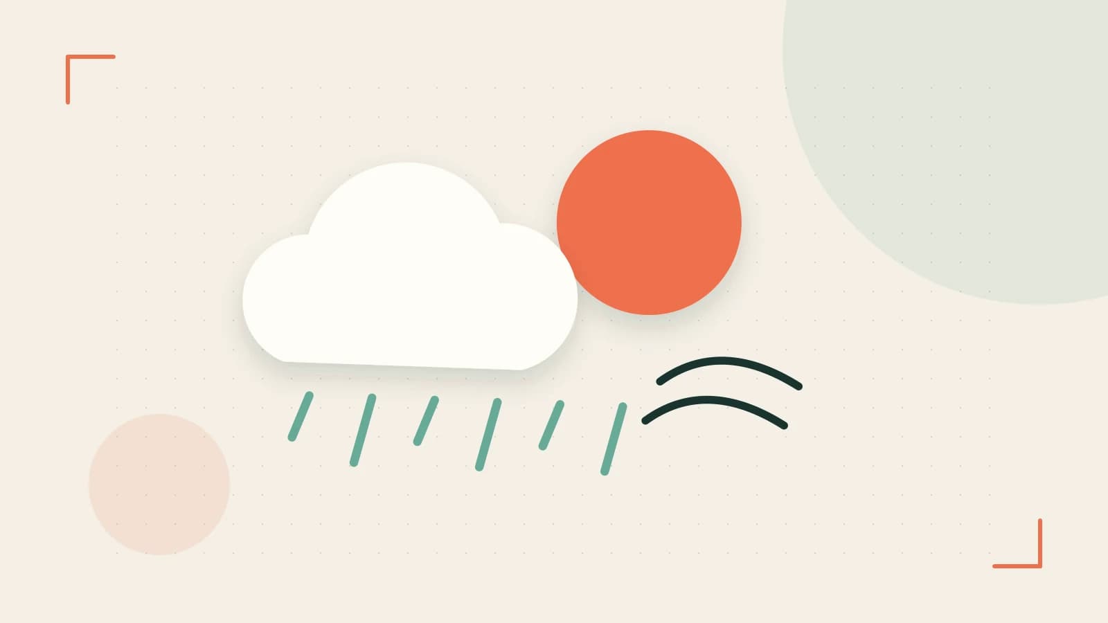 Editorial illustration of a sun, layered clouds, raindrops and flowing weather patterns
