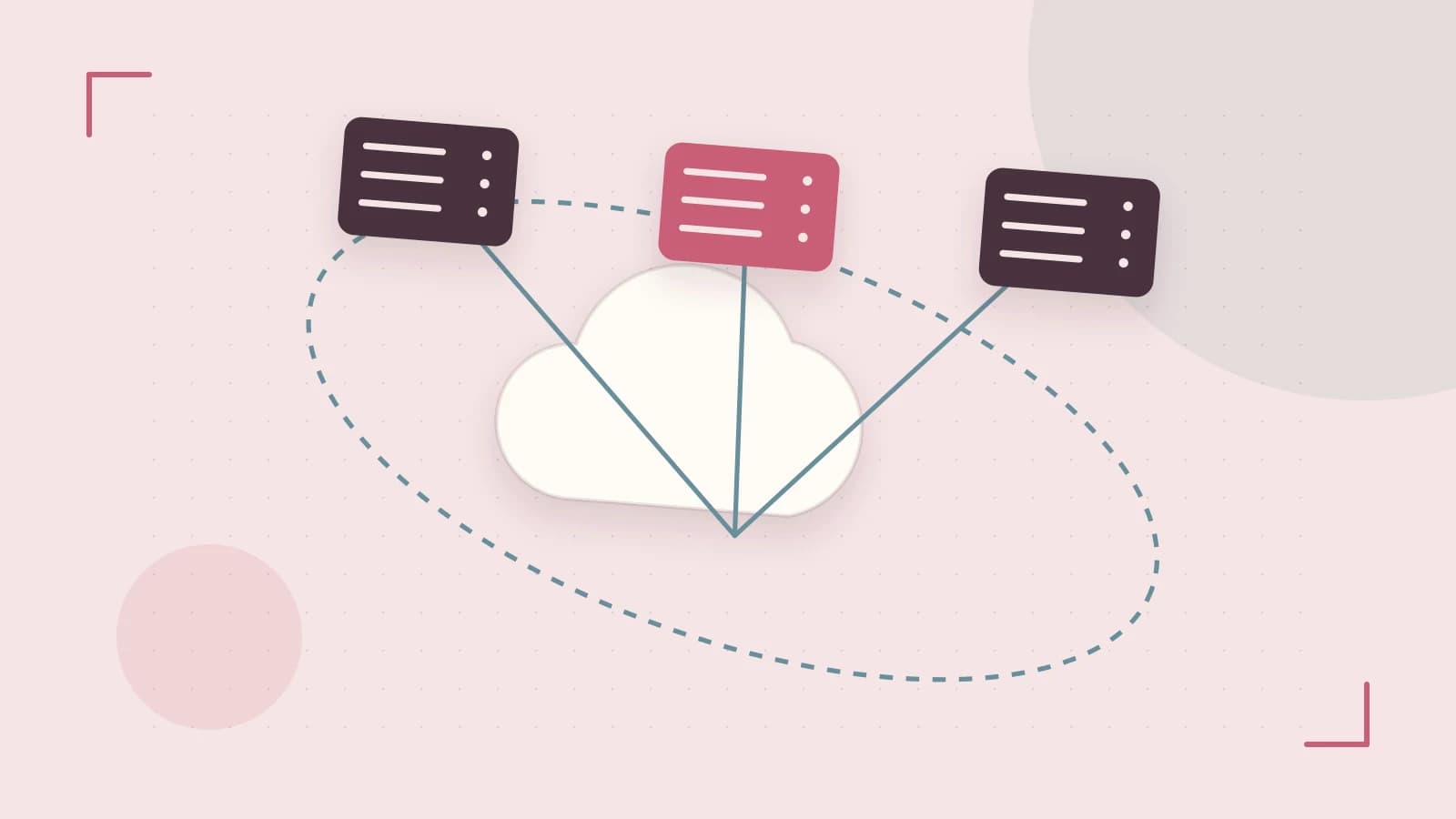 Editorial illustration of cloud infrastructure, connected server racks and an orbital service map