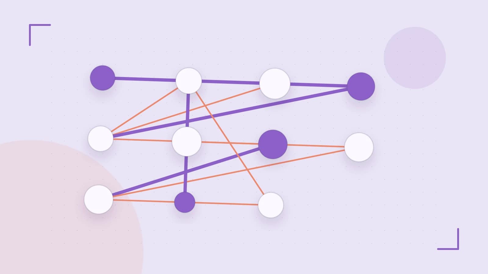 Editorial illustration of an algorithmic node graph with branching paths and a highlighted result