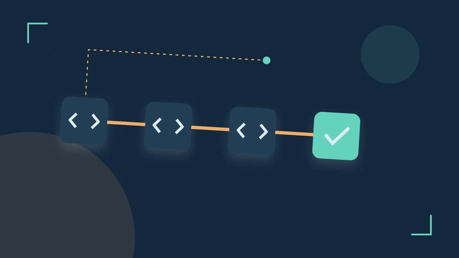 Editorial illustration of a branching build pipeline, staged transformations and a completed check