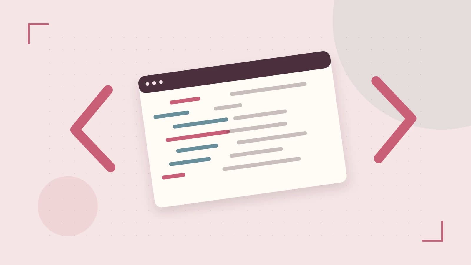Editorial illustration of an abstract code editor, syntax blocks and oversized programming brackets