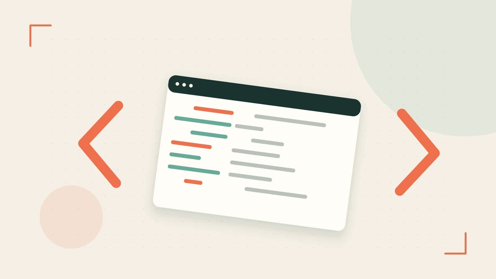 Editorial illustration of an abstract code editor, syntax blocks and oversized programming brackets