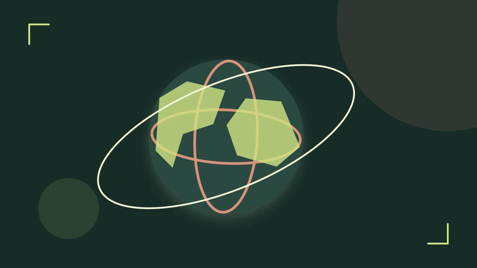 Editorial illustration of an editorial globe with meridians and layered geographic shapes