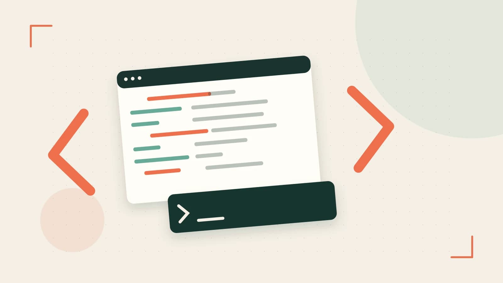 Editorial illustration of an abstract code editor, syntax blocks and oversized programming brackets