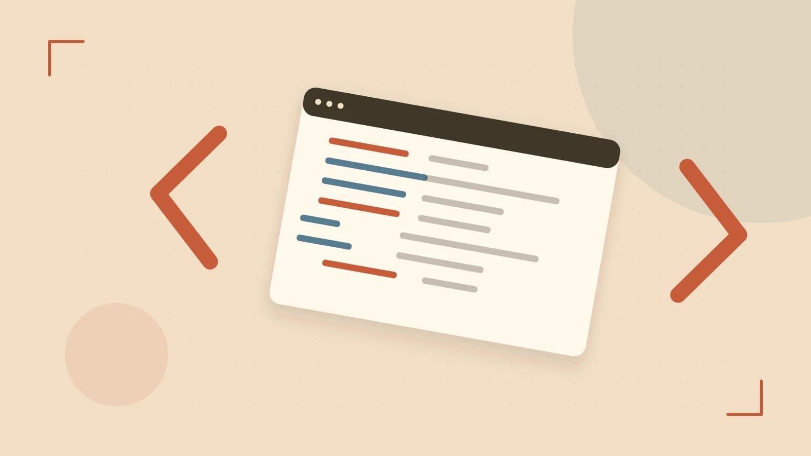 Editorial illustration of an abstract code editor, syntax blocks and oversized programming brackets