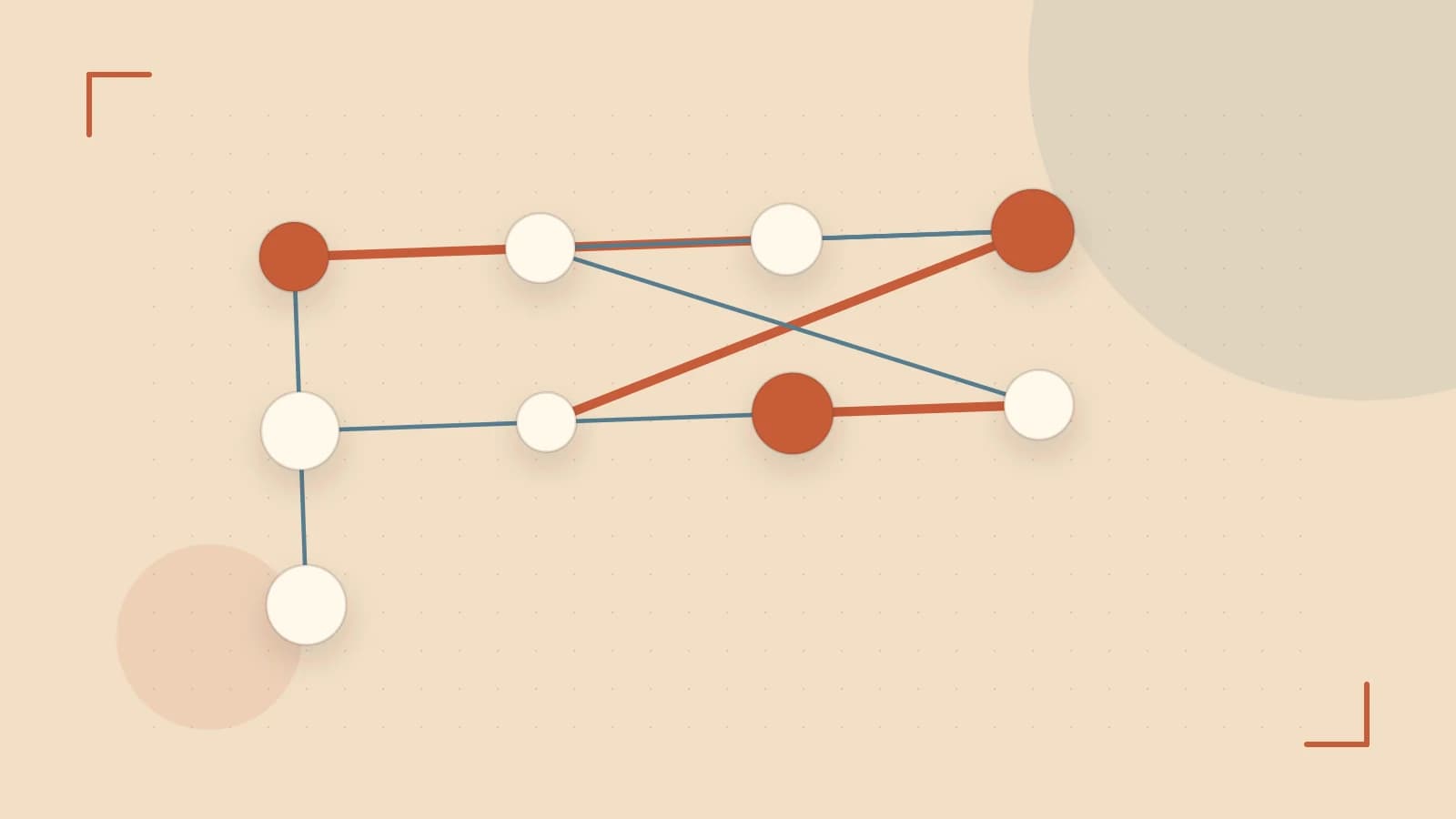 Editorial illustration of an algorithmic node graph with branching paths and a highlighted result