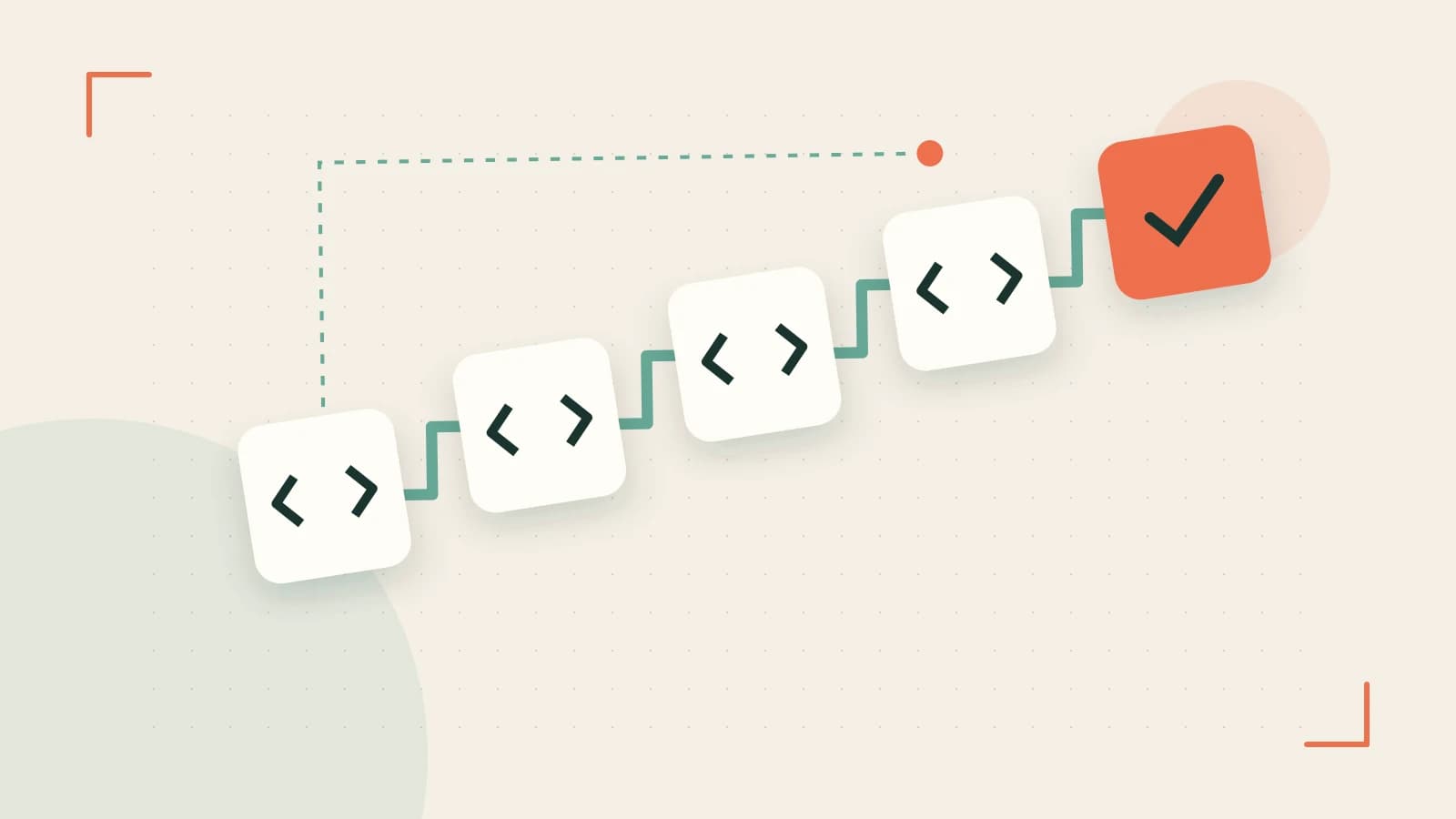 Editorial illustration of a branching build pipeline, staged transformations and a completed check