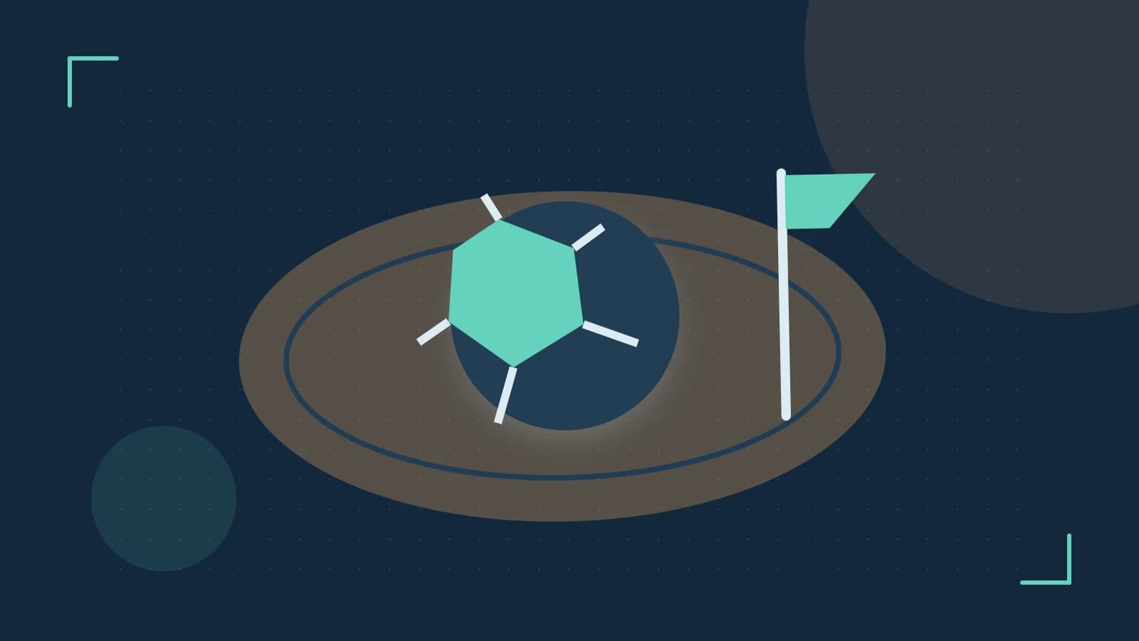 Editorial illustration of a stylized sports ball, stadium geometry and dynamic arcs