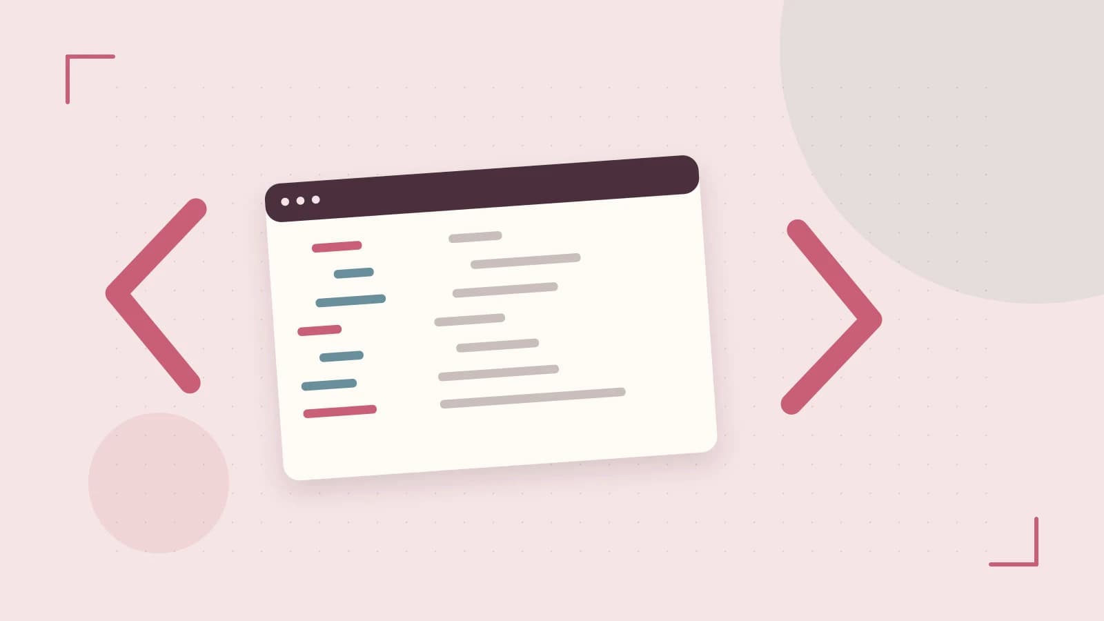 Editorial illustration of an abstract code editor, syntax blocks and oversized programming brackets