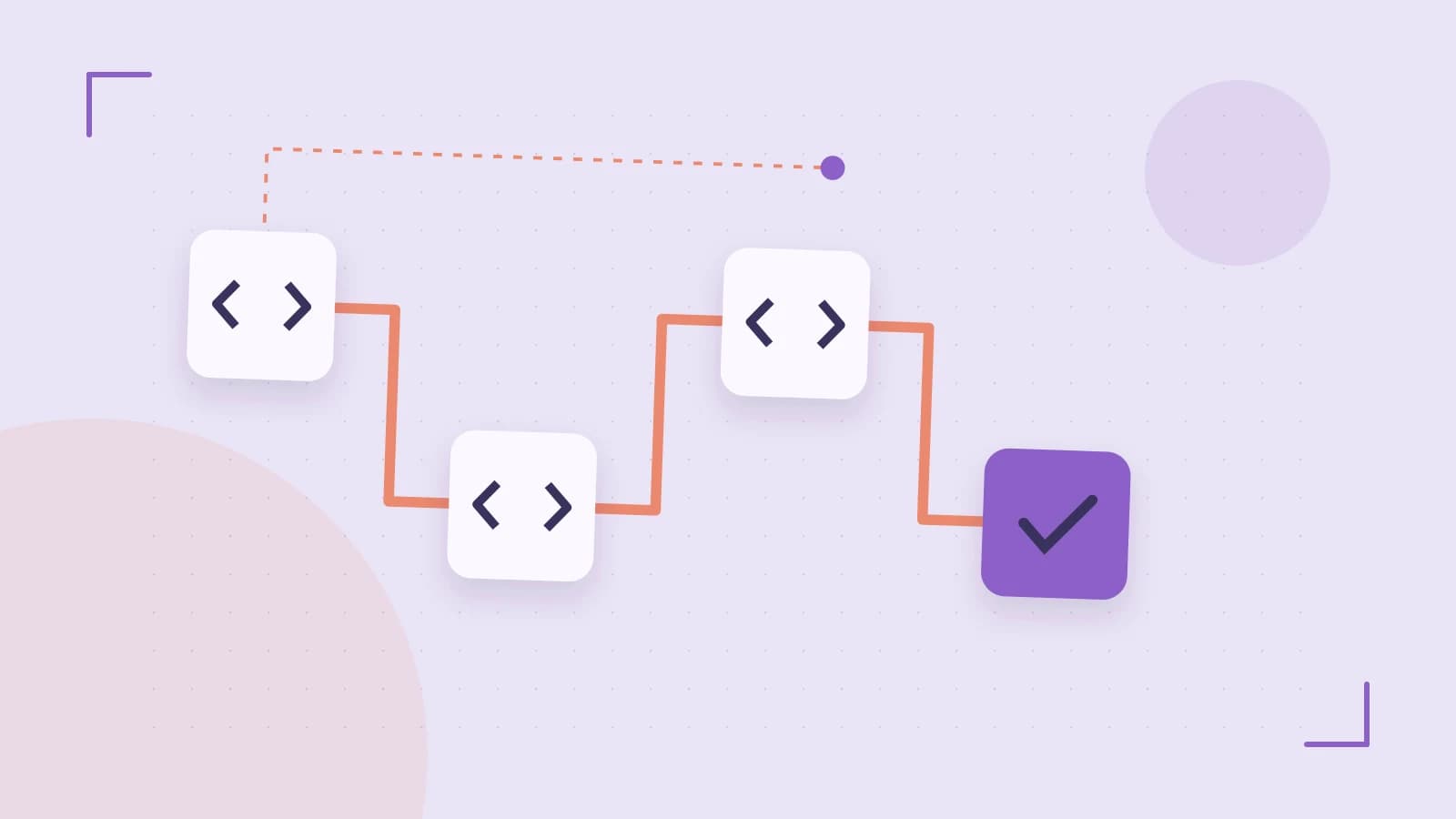Editorial illustration of a branching build pipeline, staged transformations and a completed check
