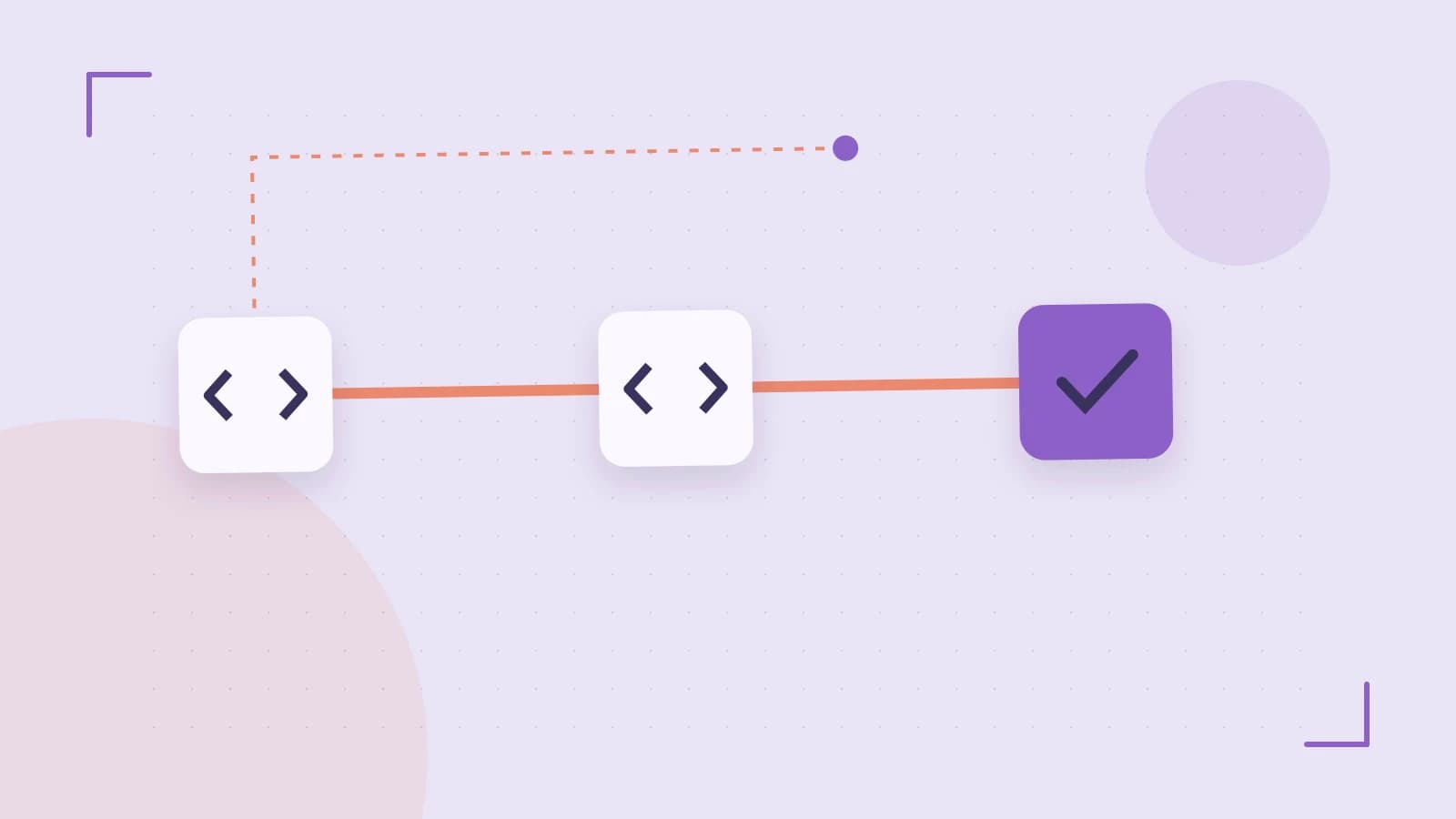 Editorial illustration of a branching build pipeline, staged transformations and a completed check