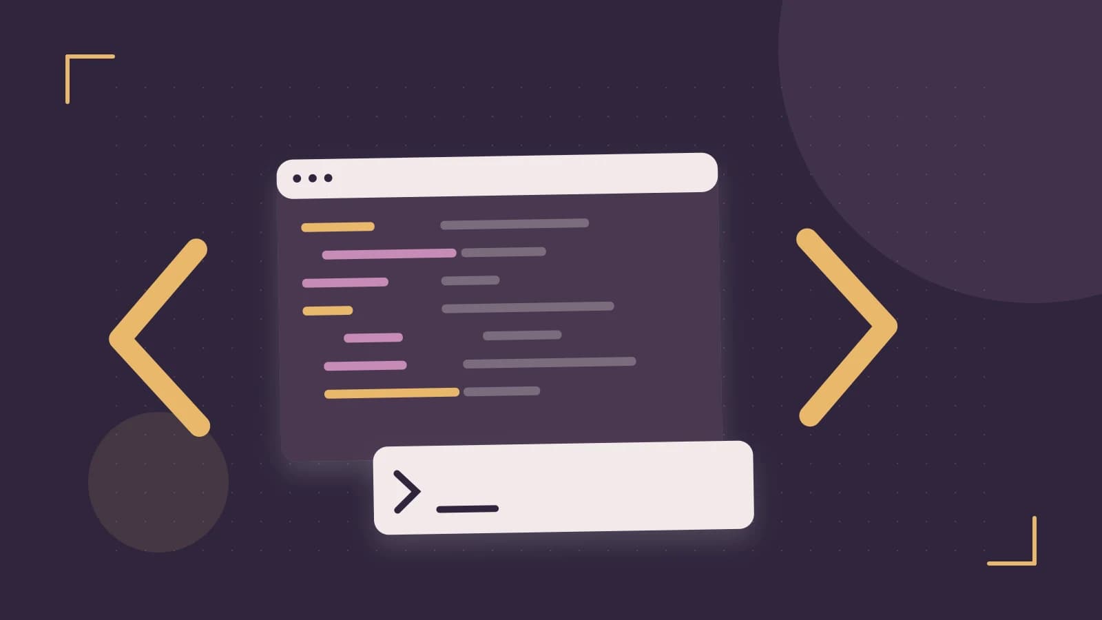 Editorial illustration of an abstract code editor, syntax blocks and oversized programming brackets