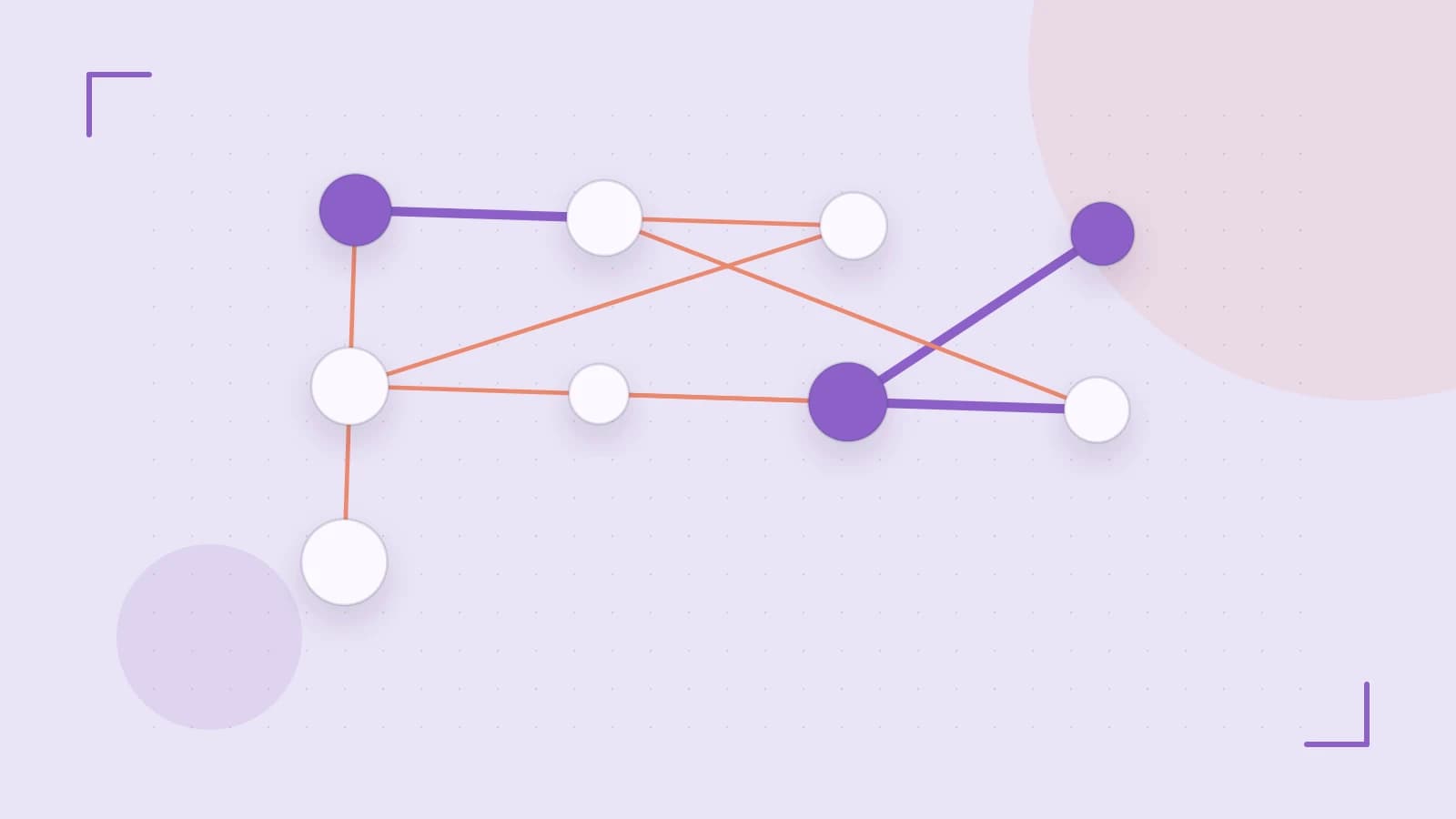 Editorial illustration of an algorithmic node graph with branching paths and a highlighted result