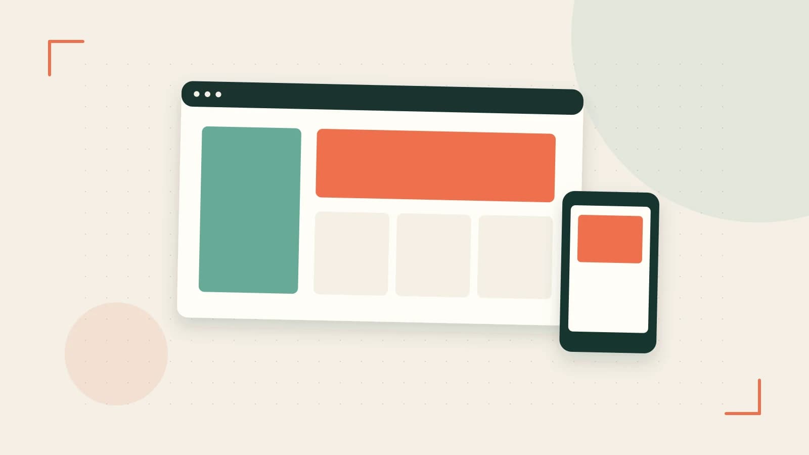 Editorial illustration of responsive browser layouts, overlapping design components and a color system