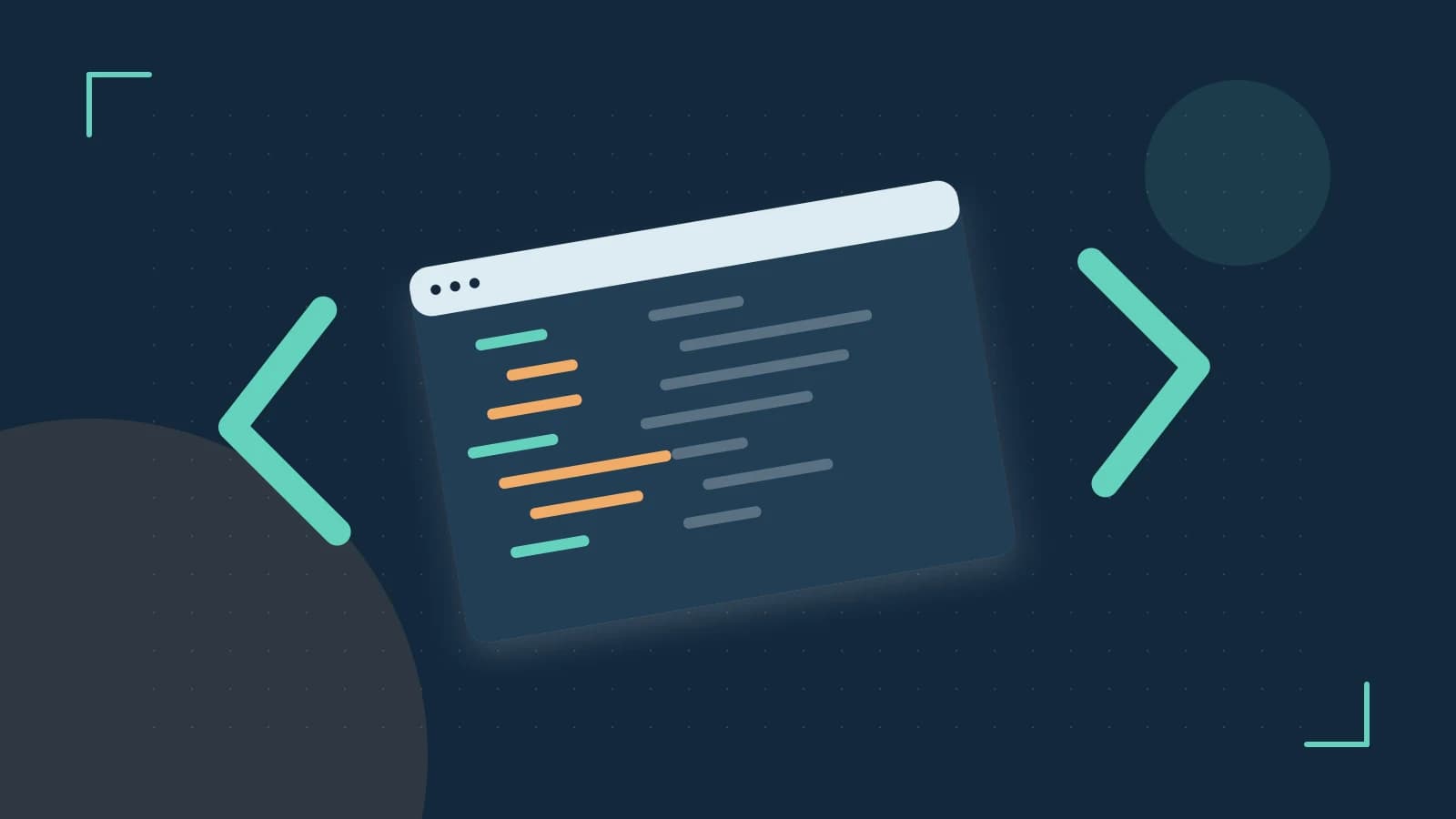 Editorial illustration of an abstract code editor, syntax blocks and oversized programming brackets