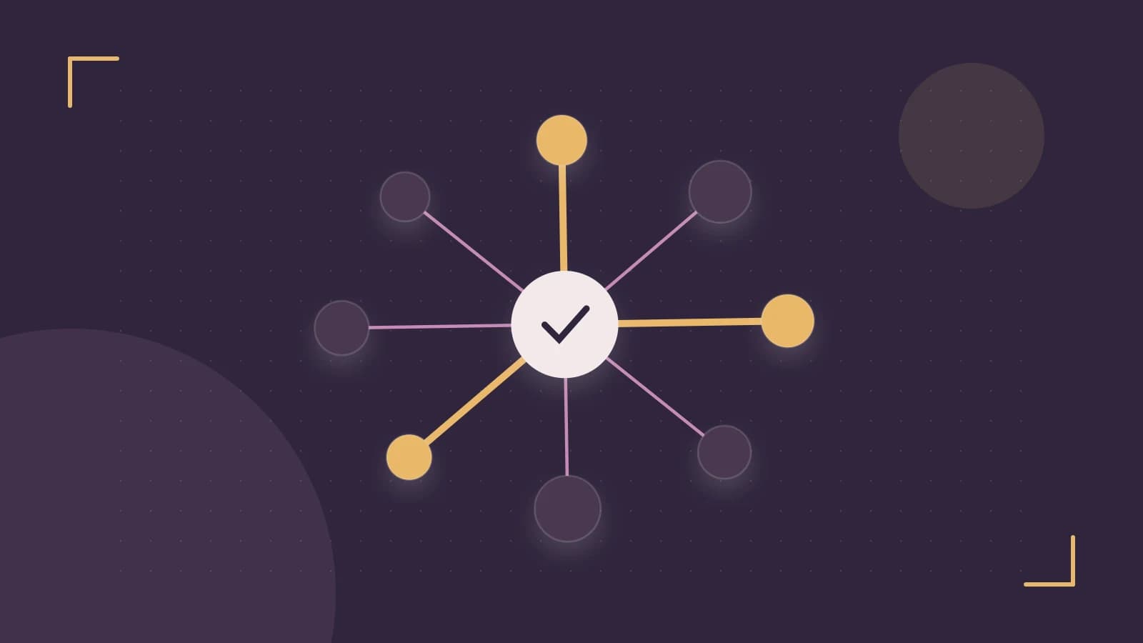 Editorial illustration of an algorithmic node graph with branching paths and a highlighted result