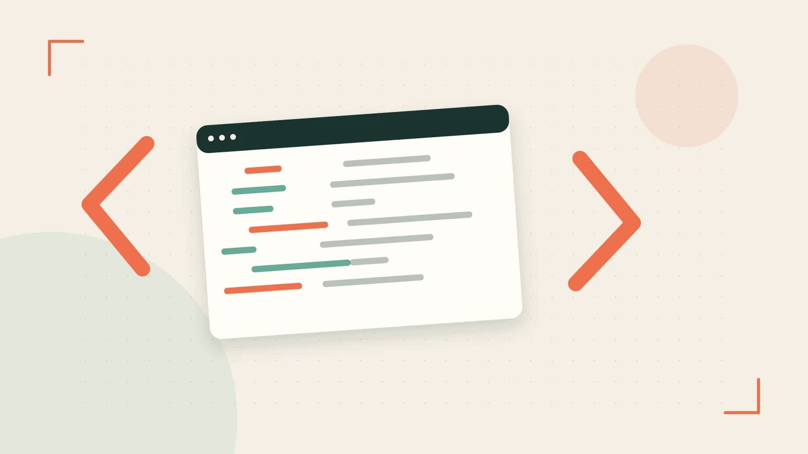 Editorial illustration of an abstract code editor, syntax blocks and oversized programming brackets