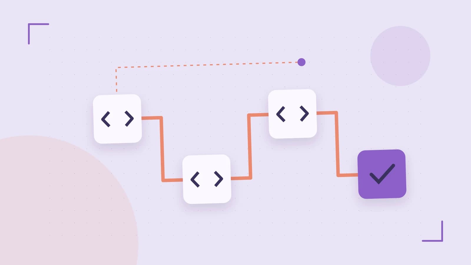 Editorial illustration of a branching build pipeline, staged transformations and a completed check